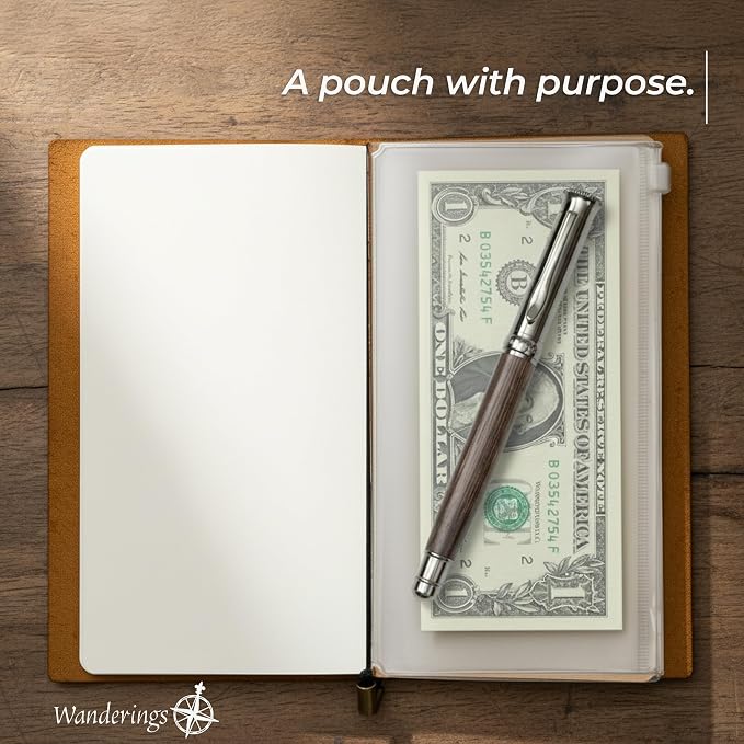WANDERINGS Pocket Size Travelers Notebook Bundle – 4" x 5.1" (10 x 13cm) – Genuine Leather Journal with Pen Holder, Pen, 2 Ink Refills, PVC Folder & Binder Clip