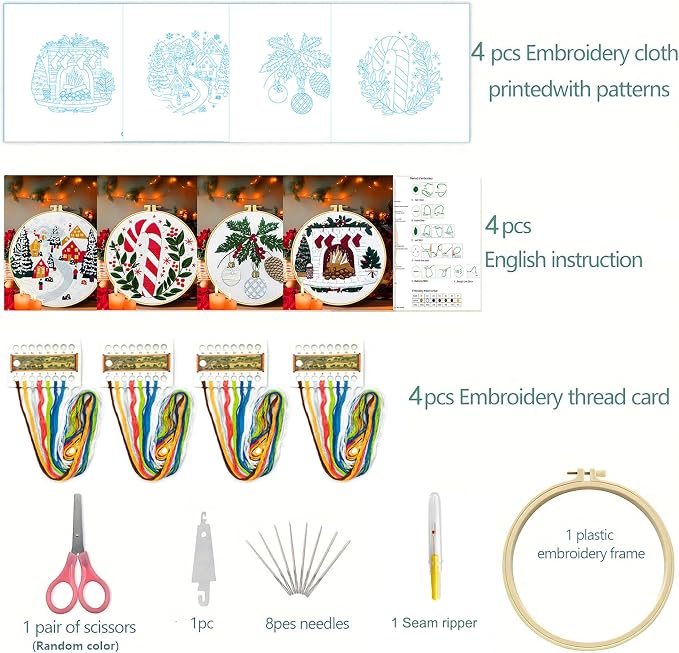 Zhenqing Christmas Embroidery Kit for Beginners - 4 Piece 29x29cm Round Designs with Embroidery Hoop, Threads & Tools (Snowy Cabin, Fireplace, Candy Cane, Holly)(C0066)