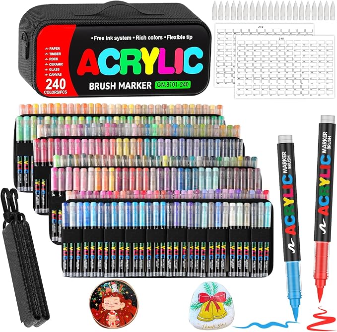 Amamao 240 Colors Acrylic Paint Markers with Soft Brush Tip, Travel Case