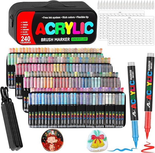 Amamao 240 Colors Acrylic Paint Markers with Soft Brush Tip, Travel Case