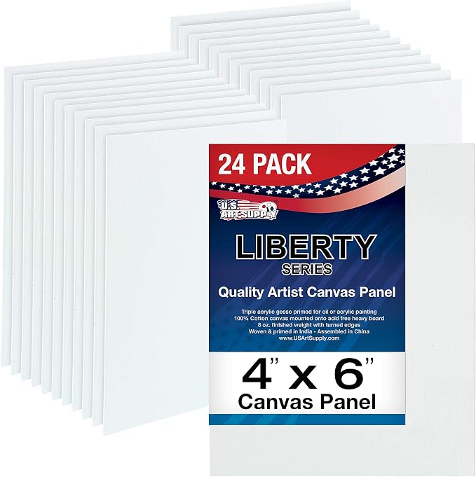 U.S. Art Supply 4 X 6 Inch Art Canvas Board Panels 24 Pack - 8 Ounce | Heavyweight Cotton Acid Free Canvases for Painting Acrylics and Watercolor (1 Case of 24 Single Canvas Painting Panels)