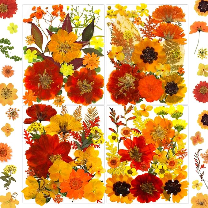 MIKIYA 90Pcs Fall Pressed Dried Flowers for Resin, Real Assorted Autumn Natural Bulk Orange Dry Floral Leaves for DIY Art Crafts, Epoxy Molds, Jewelry, Soap, Candle Making