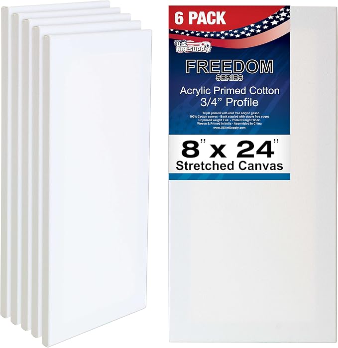U.S. Art Supply 8"x24" Stretched Canvas for Painting, 3/4" Profile, 6-Pack