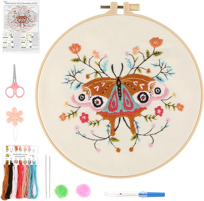 Beginner Butterfly Embroidery Kit for Adults, Pre-Printed with Video
