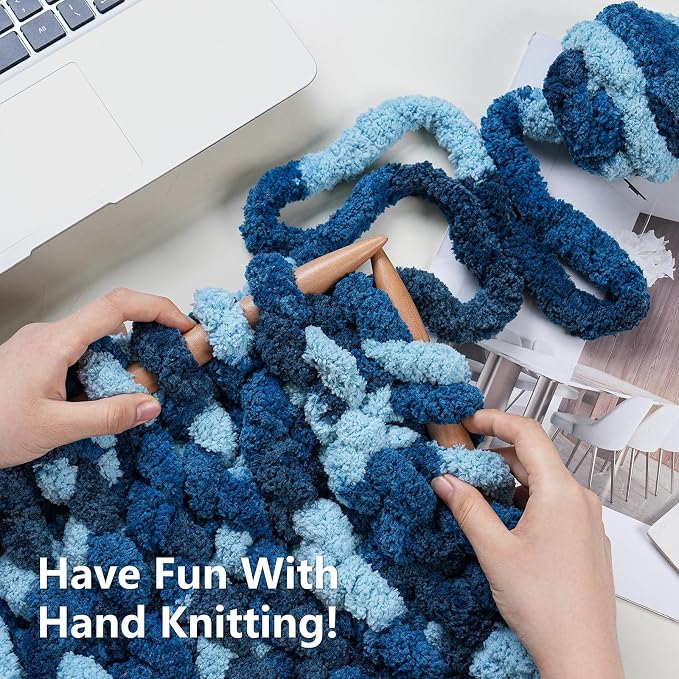 Cozyful Chunky Yarn for Hand Knitting - #10 Chunky Chenille Blanket Yarn, Jumbo Big Thick Chunky Yarns for Crocheting, Tie Dye Bulky Knit Yarns, 8 Skein (20 yds 8 oz Each Skein), Navy & Multi Blue