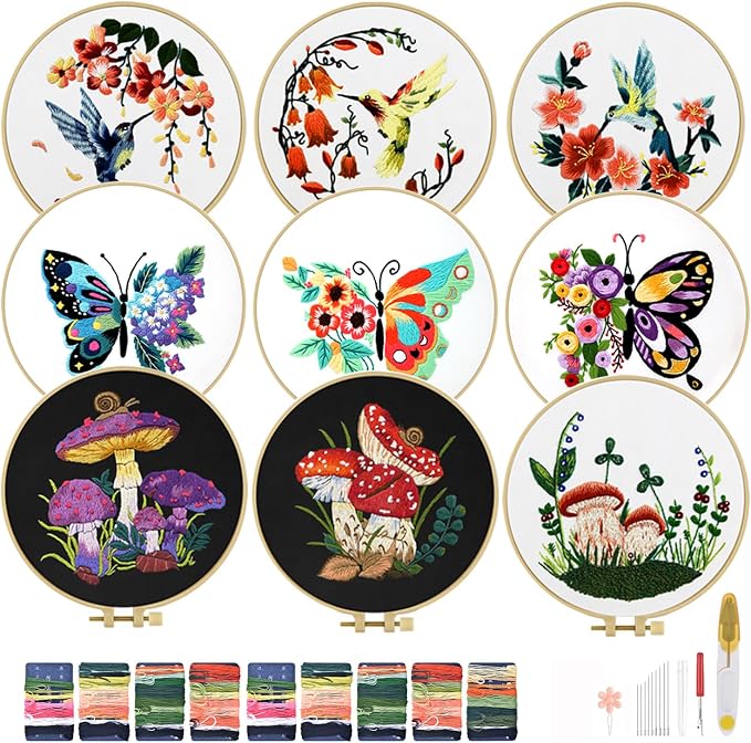 TINDTOP Embroidery Kit for Adult, Hummingbird Butterfly Mushroom Flower Kit | 9 Sets for Beginners Include Embroidery Cloth Hoop Threads with Embroidery Skill Techniques