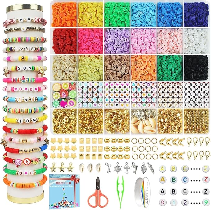 Redtwo 5100 Clay Beads Bracelet Making Kit, Flat Preppy Beads for Friendship Jewelry Making,Polymer Heishi Beads with Charms Gifts for Teen Girls Crafts for Girls Ages 8-12 | Flat Preppy Polymer Beads with Charms Gifts for Teen Girls Crafts for Girls A...