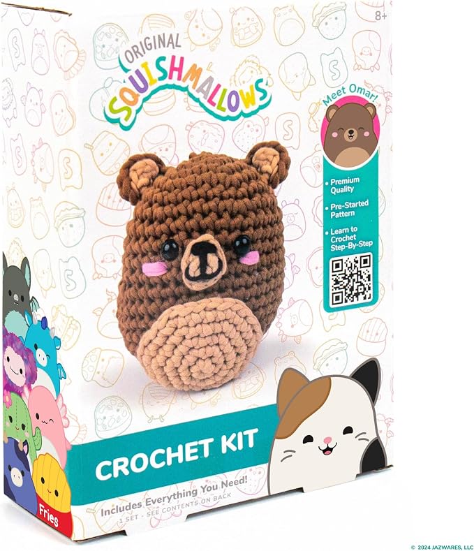 Original Squishmallows Omar the Bear Crochet Kit, Includes Yarn, Crochet Hook, Starter Hooks, Step-By-Step Tutorials, Exclusive Crochet Kit for Beginners, DIY Craft, Crochet Kits, Great Teen Gifts