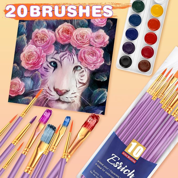 ESRICH 20PCS Paint Brushes, Paint Brush for Acrylic Painting | Artist Paintbrushes for Oil Watercolor, Body Face Rock Canvas, Small Paint Brushes for Kids, Purple