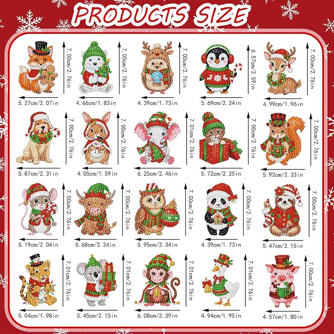 Tondiamo 20 Pcs Christmas Cute Animal Diamond Painting Keychains Kit, Xmas Cartoon Animal Ornaments DIY Diamond Art Key Pendant Set for Xmas Tree Decor Party Favors Gift