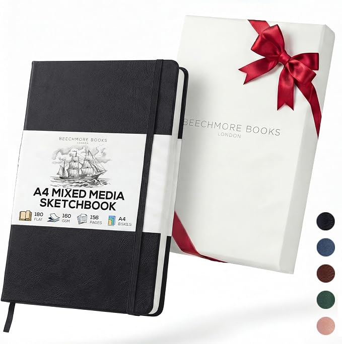 Beechmore Books A4 8.5x11 Mixed Media Sketchbook 160 GSM/98LB with Gift Box | Hardcover Art Journal with Lay-Flat Binding, 156 Perforated Ivory Pages for Drawing, Ink & Light Watercolor
