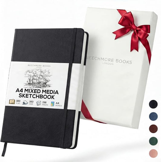 Beechmore Books A4 8.5x11 Mixed Media Sketchbook 160 GSM/98LB with Gift Box | Hardcover Art Journal with Lay-Flat Binding, 156 Perforated Ivory Pages for Drawing, Ink & Light Watercolor