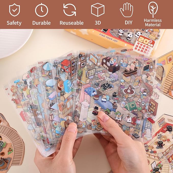 Girls 3D Miniature Scene Stickers, 20 Sets DIY House Stickers, DIY Sticker Scene, Cute 3D Cartoon Sticker Scenes for Adult Kids Relief Stress Pass The Time