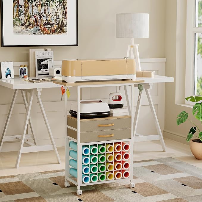 VENNQD Organizer and Storage Stand Compatible with Cricut Machines,Rolling Storage Cart/Shelf with 24 Vinyl Roll Holders，2 Fabric Drawer,Accessories Holder,Tool Hook for Craft Room Home (White Maple)