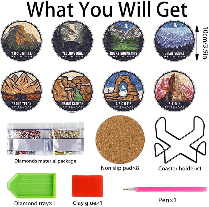 Baipisan 8 PCS National Park Diamond Art Coasters Kits, Diamond Painting Coasters with Holder Set of 8, DIY Drink Art Crafts Supplies for Adults Cup Mat House Warming Gifts Non-Slip 3.9inch