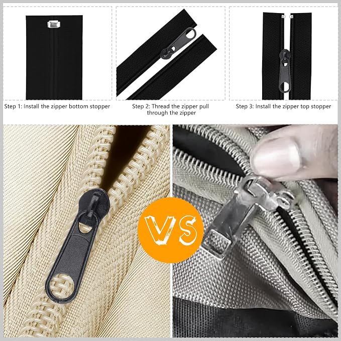 DOITEM 25Pcs Black Zipper Repair Kit Zippers Replacement 3# Zipper Pull Rescue Kit for Clothing Jackets Purses Luggage Backpacks