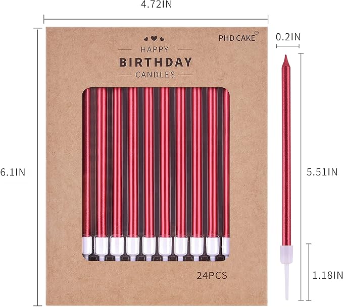 PHD CAKE Red Long Thin Metallic Birthday Candles, Cake Candles, Birthday Parties, Wedding Decorations, Party Candles