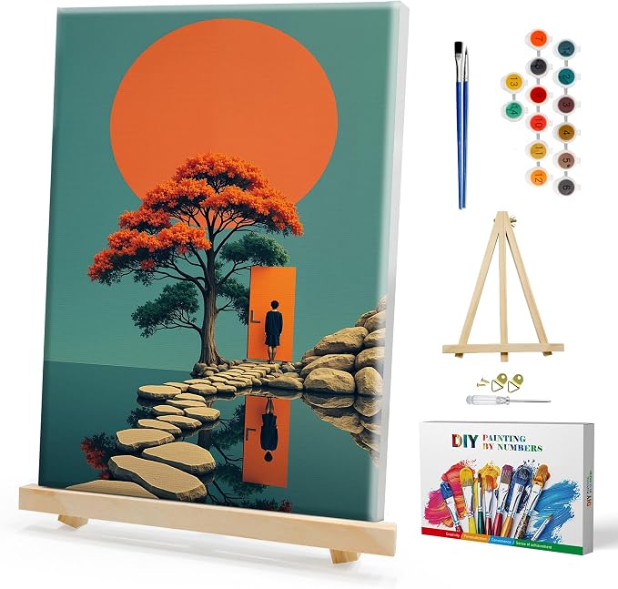 SmartEZ Landscape Paint by Numbers Kit for Adults with Easel, 8x12 Inch | Adult Paint by Number Kits with Frame for Gift, Home Wall Decor, 7.87x11.81 Inch