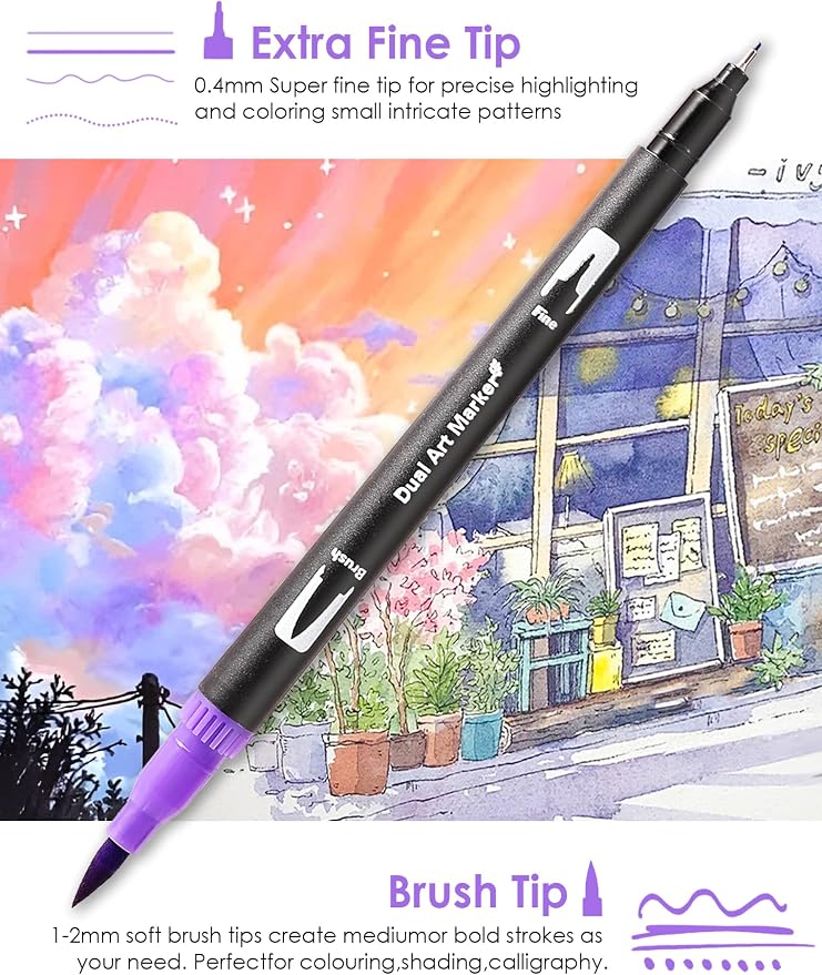 72 Colors Dual Tip Watercolor Markers Pens for School Supplies-Brush & Fine | Coloring Markers No Bleeding for Adult Coloring Books Calligraphy Card Making Sketching Journaling Note Taking Planner Travel