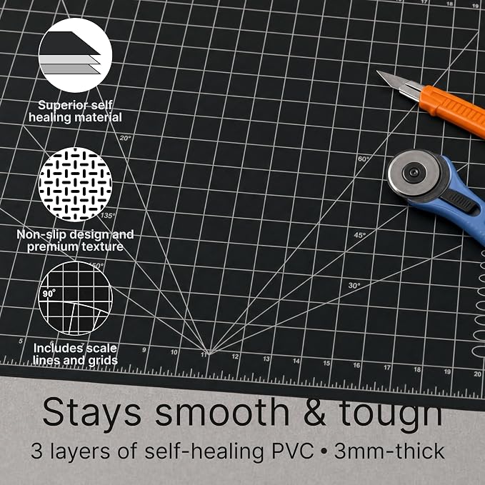 XNM Premium Self Healing Cutting Mat - 12 Inches by 18 inches - A3, 3 Layer Quality PVC Construction - Dual Sided, Imperial and Metric Grid Lines - Perfect for Cutting, Sewing, and Crafts