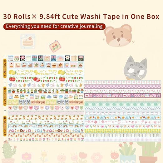 Kwaii Washi Tape 30 Rolls, Decorative Masking Tape for Junk Journal, Scrapbooking Supplies, DIY Crafting Supplies