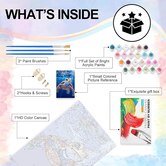 Sea Turtle Framed Paint by Numbers Kit for Adults Beginner & Kids Ages 8-12 | With Frame Canvas 8x12 inch, DIY Acrylic Painting by Numbers Sea Turtle, Stress Relief Craft Kits, Home Wall Decor Gift