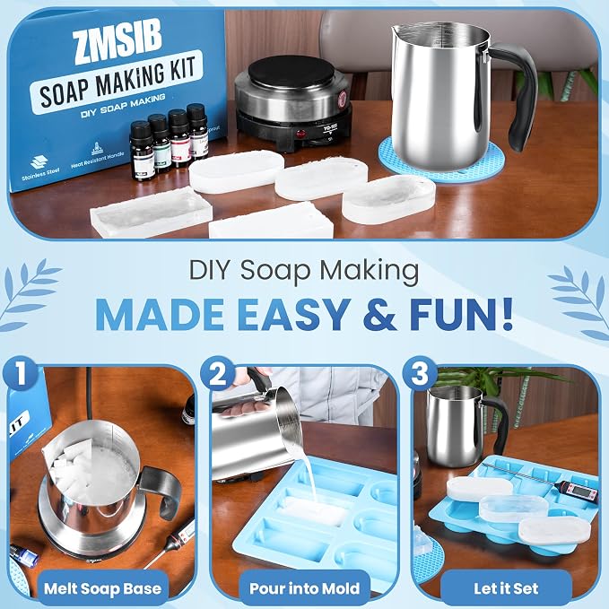 ZMSIB Soap Making Kit for Adults - Soap Melting Pot, Electric Stove, Molds | 900ml Stainless Steel Melting Pot, Electric Stove, Silicone Soap Molds for Soap Making, Beginner Friendly