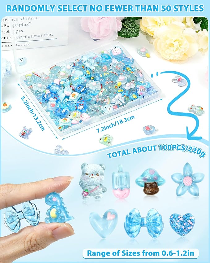 FIVEIZERO 100PCS Cute Slime Charms, Kawaii Flatback Resin Charms | 50+ Unique Designs, Glittery Finish, Easy to Glue, Lightweight and Durable, Perfect for DIY Decoration