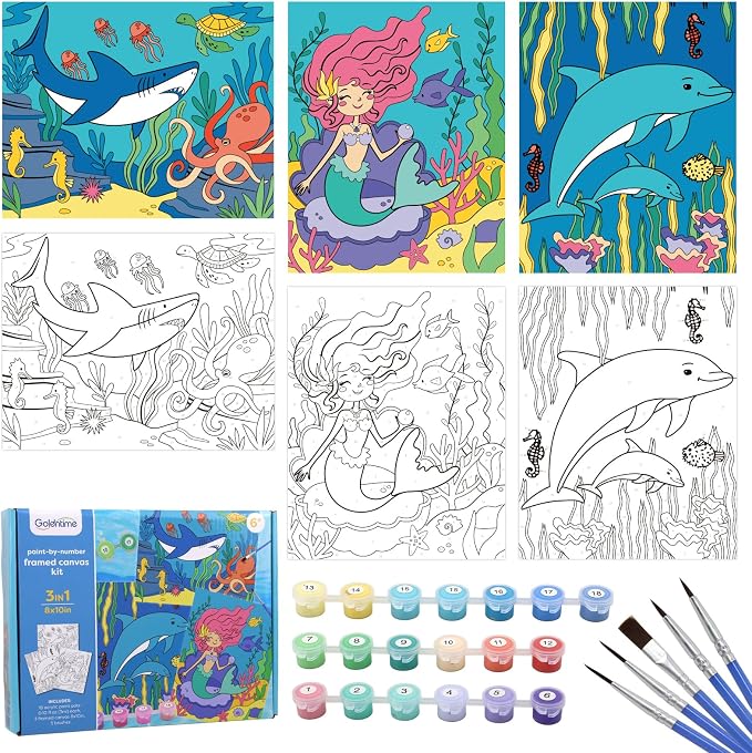 goldentime 3 Pack Kids Paint by Numbers Ages 4-8-12 Includes 8x10 inch Framed Canvas with 19 Acrylic Paints, 5 Brushes Fun and Easy Predrawn Canvas for Painting Kids