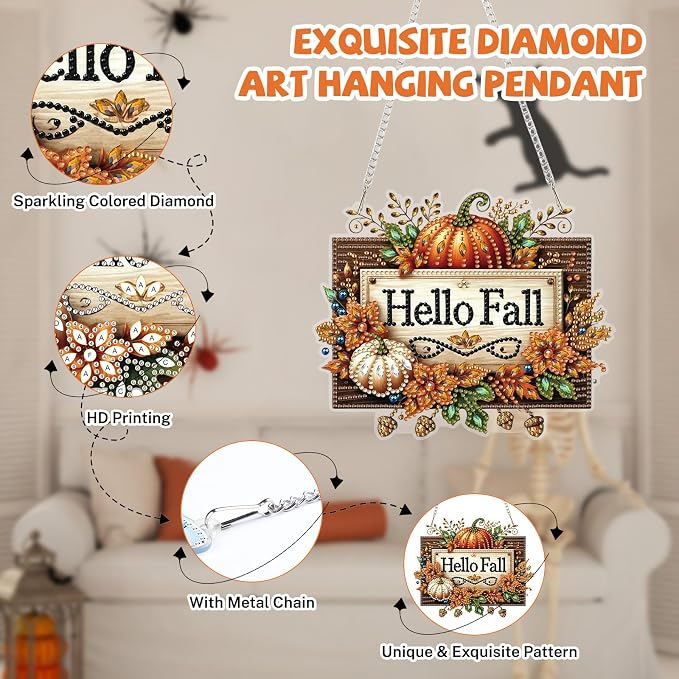 Bowetile Hello Fall Wreath Diamond Art Hanging Kits for Adults, Thanksgiving Diamond Art Suncatchers Autumn, 5D Halloween Diamond Painting Pendant Window Ornament Gifts for Home Door Decor