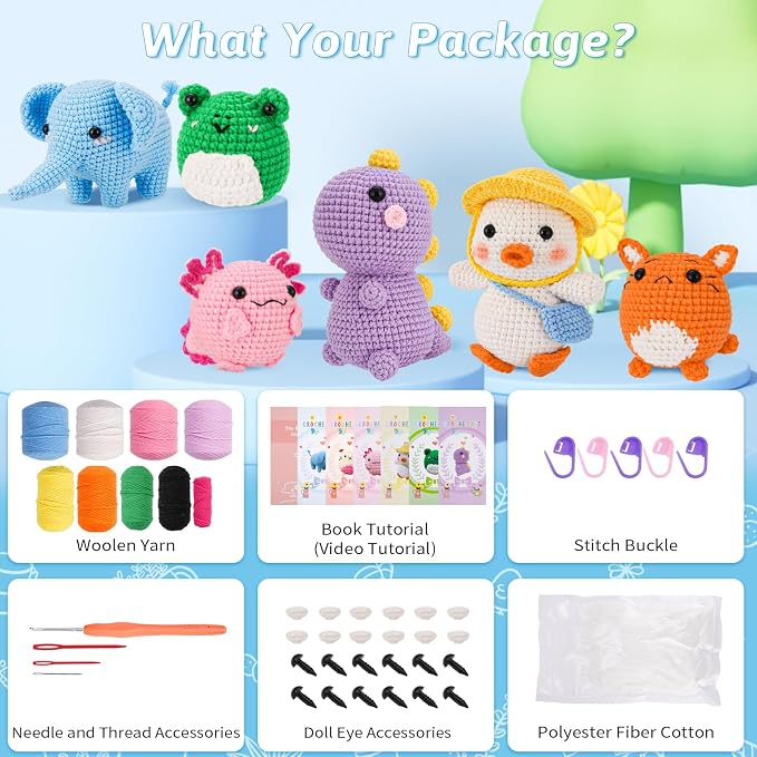 Gerute 6Pcs Crochet Kit for Beginners,Crochet Animal Kit with Step-by-Step Video Tutorial, Crocheting Kit for Starters, Beginner Crochet Kits for Adult Kid Women Men Complete Kit Included （40%+ Yarn