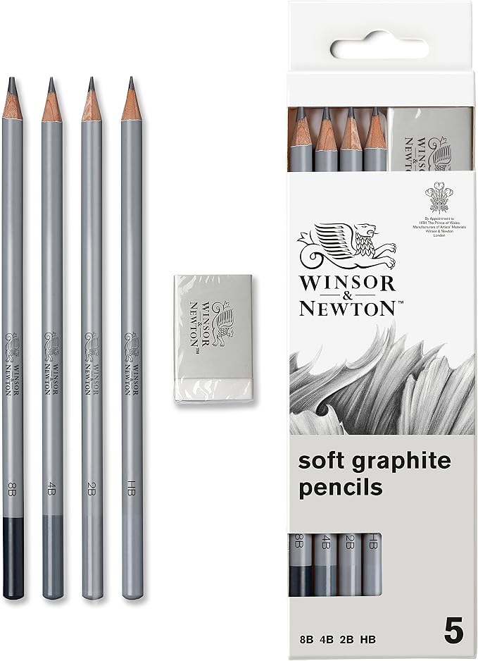 Winsor & Newton Studio Collection, Graphite Pencils, Set of 5 | Soft, Thick Core pencils, Varied Hardness, Soft Smooth Texture, Easy Blending, Stylish Metal Tin Included, High Quality Lead