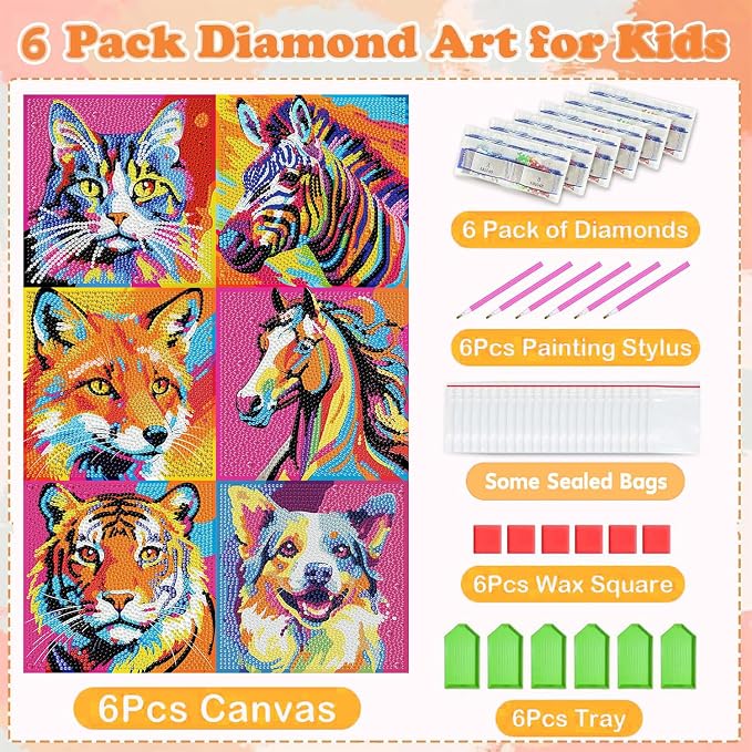 ajepon 6 Pack Animal Diamond Art Kits for Kids, Animals Diamond Art for Kids Ages 8-12, Dog Cat Tiger Zebra Fox Horse Gem Painting Kits for Kid for Gift Home Wall Decor (6x6inch)