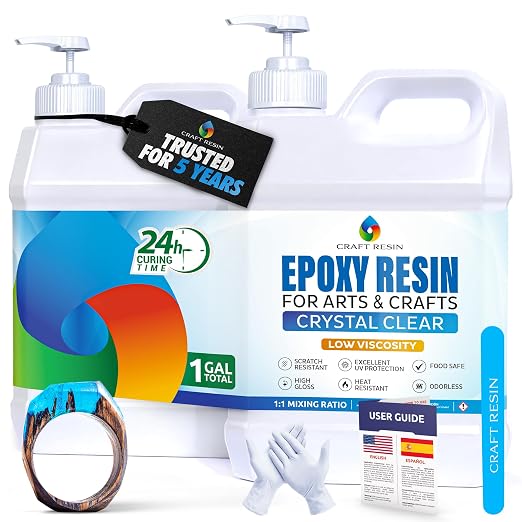 CRAFT RESIN 1 Gallon Crystal Clear Epoxy Resin Kit with Pumps - Food Safe & UV Resistant for DIY Art, Wood, Jewelry Making, Coasters, Mold Casting Resin Epoxy - Low Viscosity for Beginners & Pros | Low Viscosity, Self Leveling Casting Resin Epoxy for D...