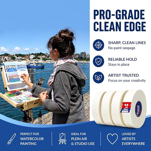 4 Packs Artist Tape for Watercolor Paper - 0.8IN Wide 592FT Long | White Masking Artists Tape for Drafting, Art Painting and All Paper Media - Acid Free