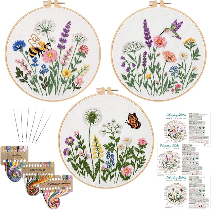 Nuberlic Embroidery Kit for Beginners, 3 Pack Floral Stamped Embroidery Starter Kit with Hoop, Pre Printed Flower Patterns, Threads, Needles and Step by Step Instructions, DIY Needlework Gift