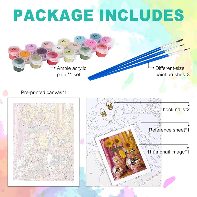 GEEHEIY Paint by Numbers Kit for Adults, Disco Sunflower Vase, 16 x 20 Inch | DIY Adult Paint by Number Kit on Canvas for Beginners, without Frame, Colorful Floral Wall Decor, Stress Relief Craft Gift