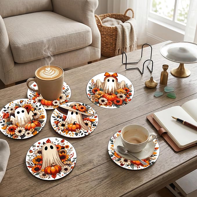8 Pack Halloween Paint by Numbers Kits Coasters with Holder Cork Pads | Autumn Ghost Paint by Number Kits for Adults Simple Round Oil Painting Coaster for Small DIY Craft Holiday Gift 3.9x3.9in