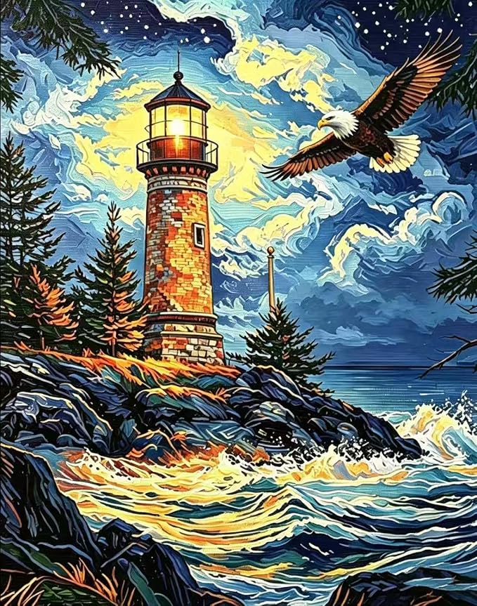YUXUANKANG Diamond Painting Kit, Lighthouse and Eagle Scene, 12x16 Inch, DIY Craft Activity for Adults, Multicolor Resin