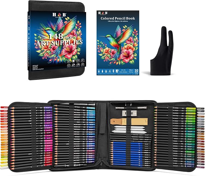 H & B 148PCS Drawing Kit Colored Pencils Set for Adults with Sketchbook | Complete Sketching & Coloring Supplies with Case - 120 Oil-Based Soft Cores for Adult Coloring Books & Illustrations