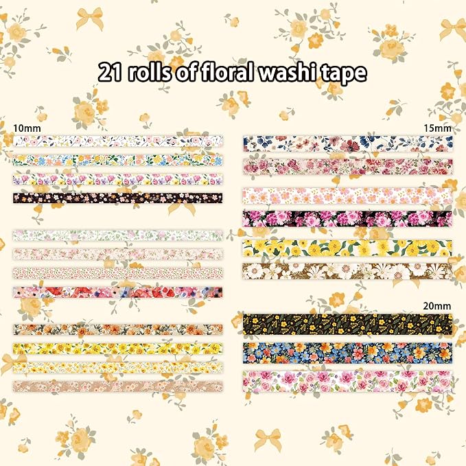 21 Rolls Yellow Floral Washi Tape Set - Retro Sunflower/Daisy/Rose Pattern Decorative Tape for Scrapbooking, Journaling, Junk Journal, Craft Supplies, Romantic Aesthetic Gift for Handmade Lovers