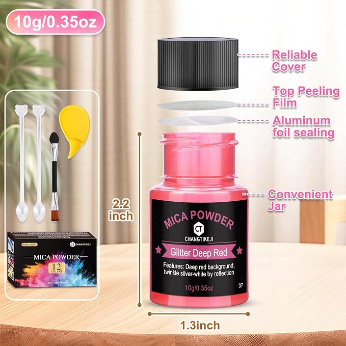 Mica Powder 12 Colors Pearlescent Pigment - for Resin Epoxy, Soap Making, Nail Polish, Lip Gloss, Eye Shadow, Bath Bomb, Slime & Candle - 10g Each Bottle(Sparkle Hues)
