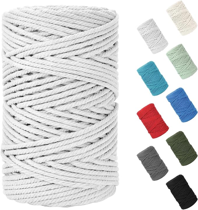Macrame Cord 5mm x 109Yards (328Feet), Natural Cotton Macrame Rope - 4 Strands Twisted Macrame Cotton Cord for Wall Hanging, Plant Hangers, Crafts, Gift Wrapping and Wedding Decorations, White