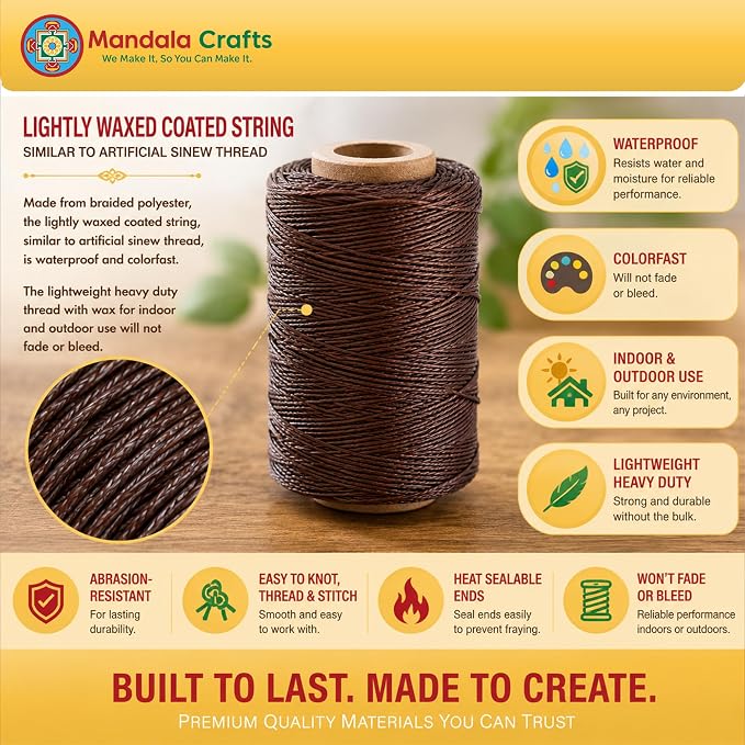 Mandala Crafts 200M 0.45mm Camel Round Waxed Thread for Leather Sewing