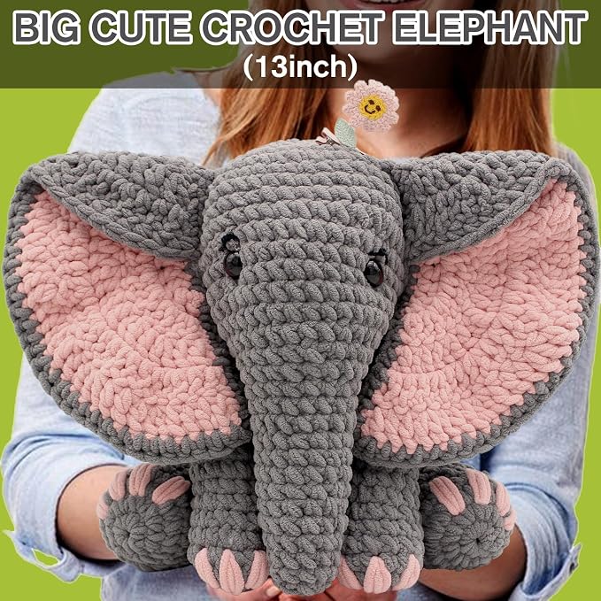 CODGP Crochet Kit for Beginners, 13-Inch Elephant Crochet Kit for Adults | Crochet Starter Kit Gift, Animal Amigurumi Kit, Durable Chenille Yarn, Full Supplies, Step-by-Step Videos, for Crochet Lovers
