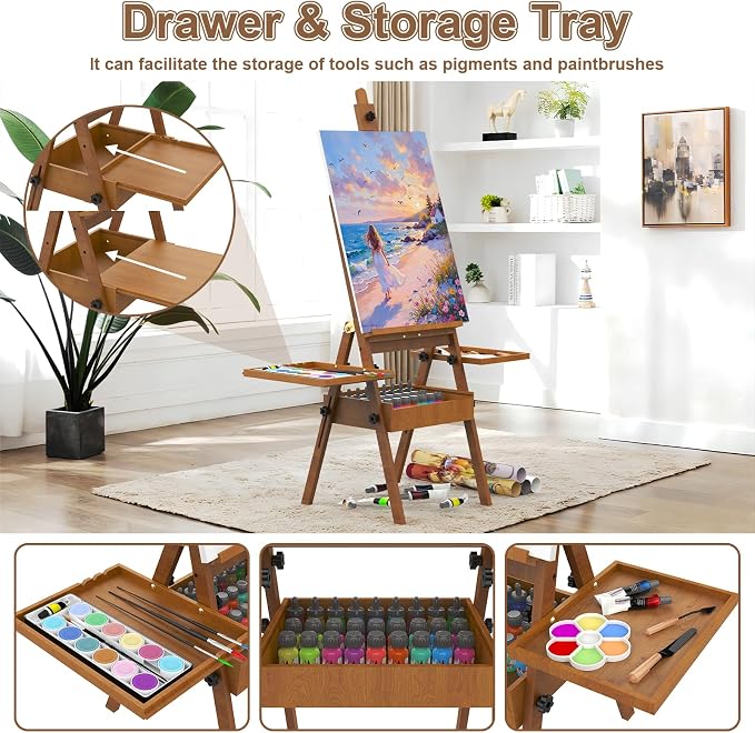 Professional Vintage Wood H-Frame Easel, with 2 Palette and Storage Box | Multi-Function Studio Easel, Professional Foldable Artist Easel Stand for Painting, Holds Canvas Art up to 36"