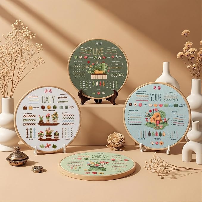Snuvid Embroidery Kit for Beginners, 4 Stages to Learn 38 Stitches with Step-by-Step Video Tutorials, Pre-Printed Patterns, Embroidery Hoop, Threads and Needles for Adults