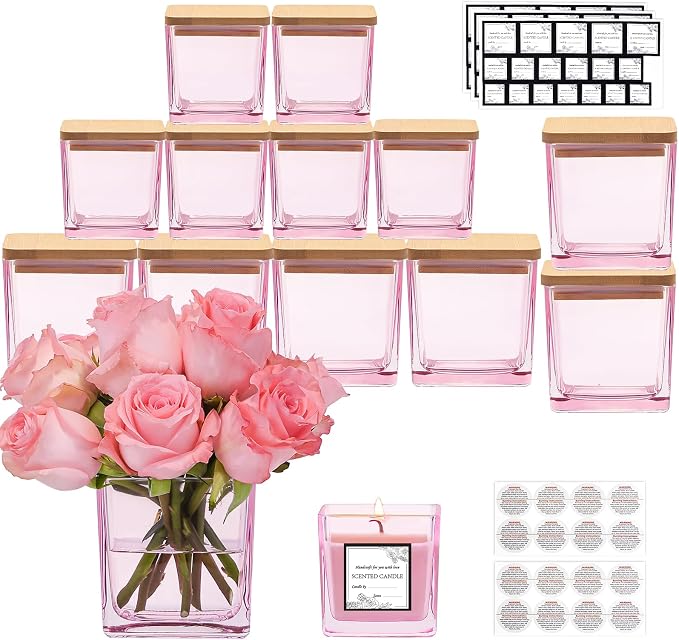 CONNOO 12 Pack 9oz & 3oz Pink Glass Square Candle Jars with Bamboo Lids