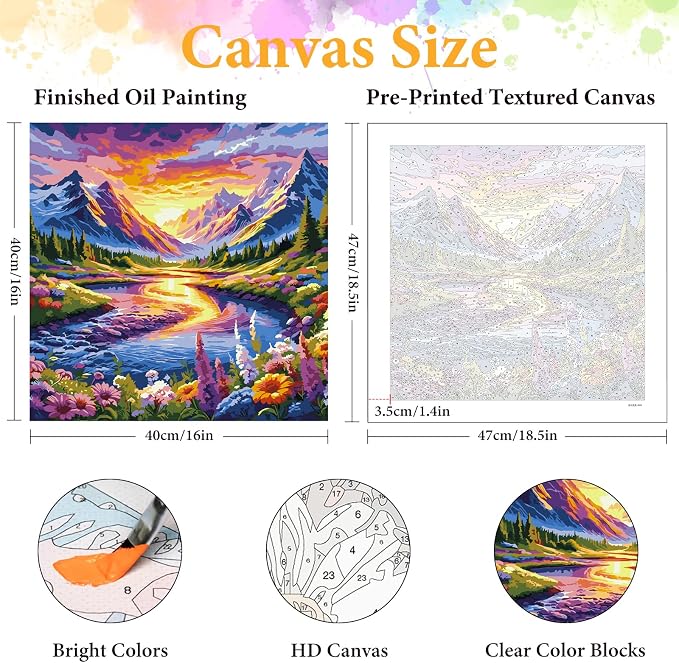 Paint by Numbers Kit for Adults, Mountain River & Wildflower, 16x16 Inch