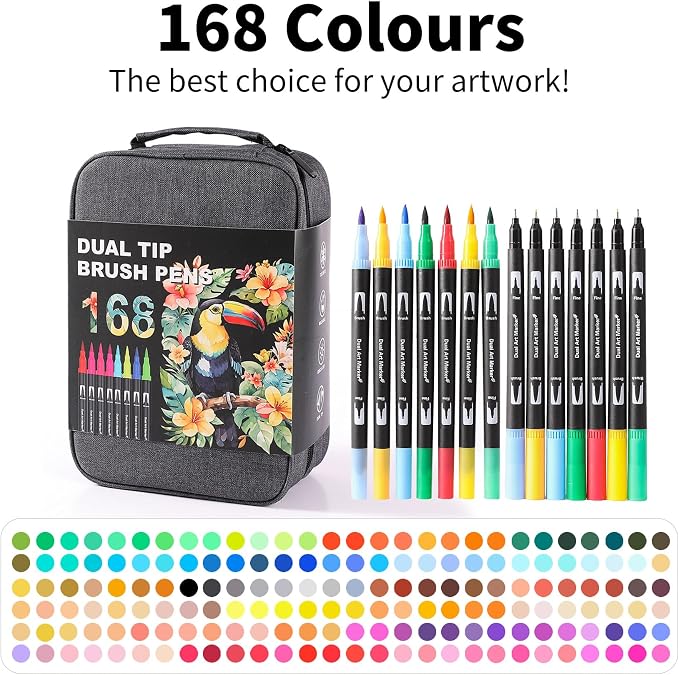 168 Colors Dual Tip Watercolor Markers Pens for School Supplies-Brush&Fine | Coloring Markers No Bleeding for Adult Coloring Books Calligraphy Card Making Sketching Journaling Note Taking Planner Travel